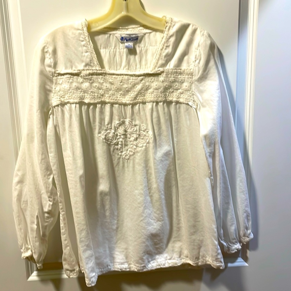 April Cornell Cream Peasant Blouse with Embroidered Front
